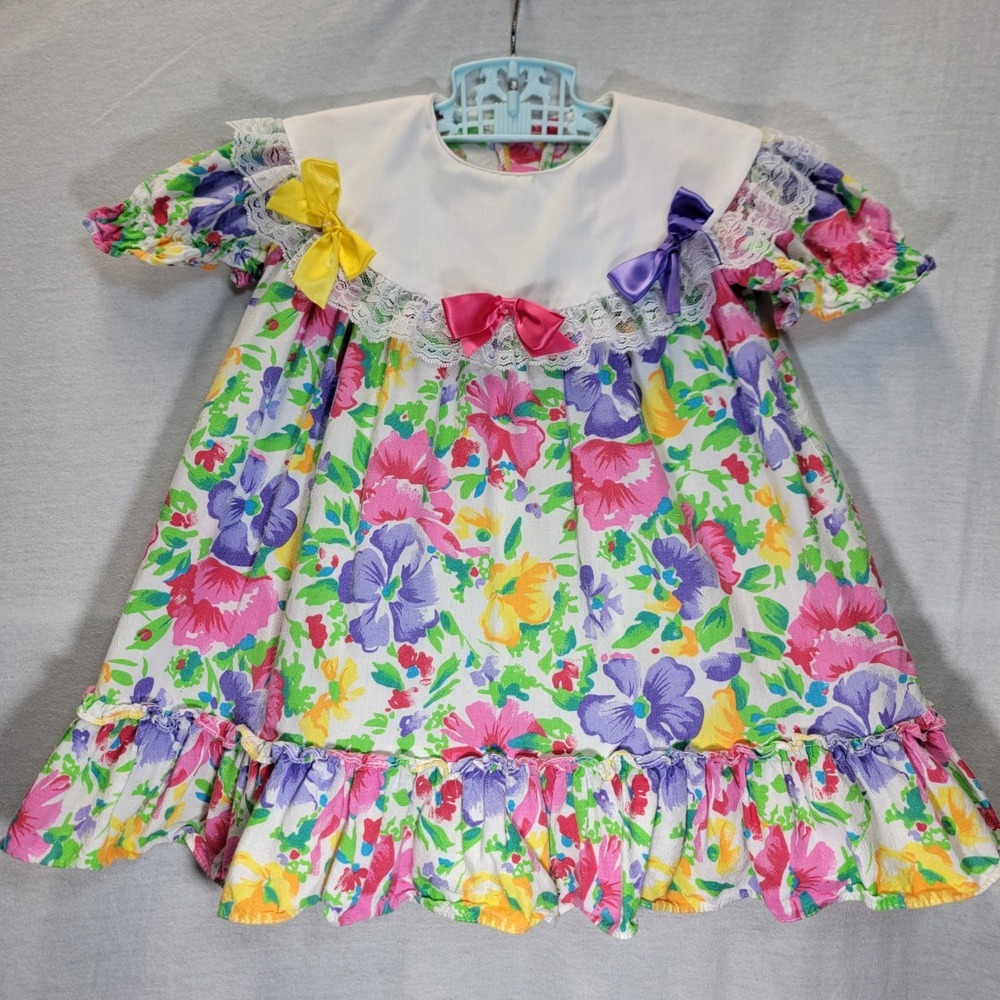 Vtg Jill Lynn Dress Girls 4t Floral Lace Ruffle Collar Cottagecore USA Easter